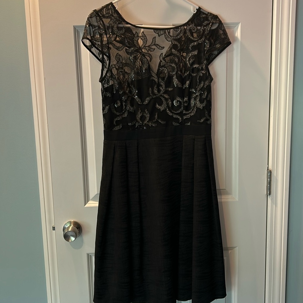 Adrianna Papell black cap sleeve dress with sheer sequin top